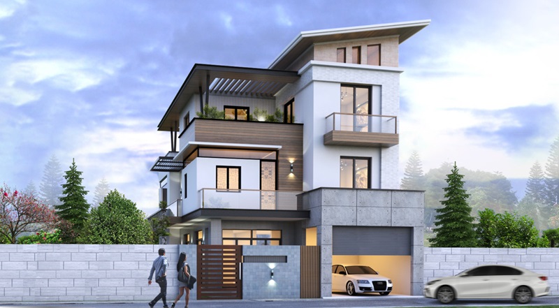 Thiết Kế Biệt Thự 3 Tầng Hiện Đại Mái Lệch