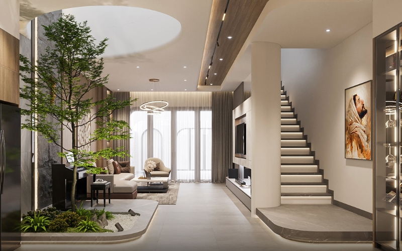 Cách Bố Trí Phòng Khách Hiện Đại Với Cầu Thang Đẹp